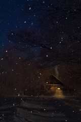 Beautiful night winter christmas landscape. View of lonely snowy country house with warm light from...