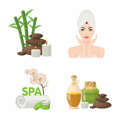 Spa icons with woman with towel, spa stones, bamboo branches, candles and bottles of oil. Vector illustration for Spa isolated on white background.

