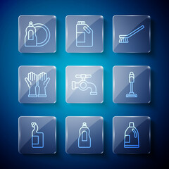 Set line Dishwashing liquid bottle, Bottle for cleaning agent, Brush, Water tap, Rubber gloves, and Vacuum cleaner icon. Vector