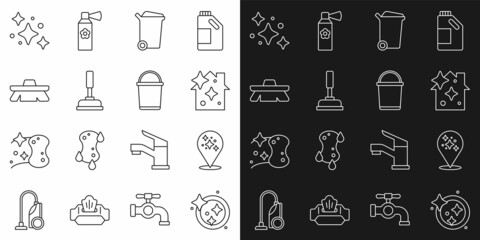 Set line Washing dishes, Home cleaning service, Trash can, Rubber plunger, Brush for, and Bucket icon. Vector