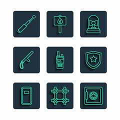 Set line Police assault shield, Prison window, Safe, Flasher siren, Walkie talkie, rubber baton, Telescopic and badge icon. Vector