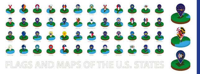 Isometric round map and point marker with flag, collection of U.S. state maps, sorted alphabetically.