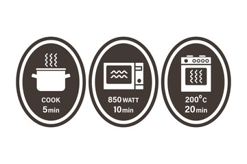 Pot, microwave and oven cooking instruction symbols. 5,10,20 minutes. Vector illustration, flat style for packaging and instructions
