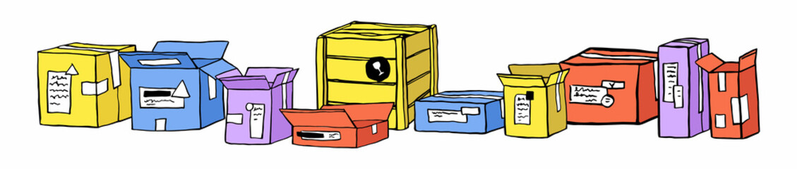 Vector linear doodle illustration with different open, closed, sealed multicolor boxes. The concept of transportation, relocation, delivery, mail, parcels, packaging.
