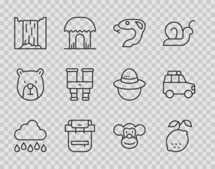 Set line Cloud with rain, Lemon, Snake, Hiking backpack, Waterfall, Binoculars, Monkey and Car icon. Vector