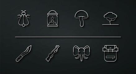 Set line Mosquito, Machete, African tree, Elephant, Hunting gun, Camping lantern, Hiking backpack and Mushroom icon. Vector