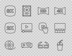 Set line Film reel, Paper glass with water, Hd movie, tape, frame, Movie, film, media projector, 8k Ultra HD, Online play video, 3D cinema glasses and Cinema auditorium screen icon. Vector