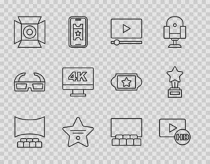 Set line Cinema auditorium with screen, Hd movie, tape, frame, Online play video, Walk of fame star, Movie spotlight, Screen tv 4k, and trophy icon. Vector
