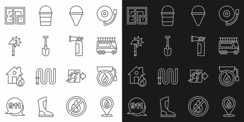 Set line Location with fire flame, Ringing alarm bell, Fire truck, cone bucket, shovel, Firefighter axe, Evacuation plan and extinguisher icon. Vector