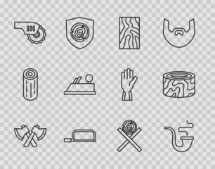 Set line Wooden axe, Smoking pipe, beam, Hacksaw, Electric circular, plane tool, logs on stand and Tree stump icon. Vector