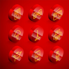 Set line Music player, Data transfer and storage, Radio, Cloud upload, Antenna, Smart printer system, drone and technology data icon. Vector