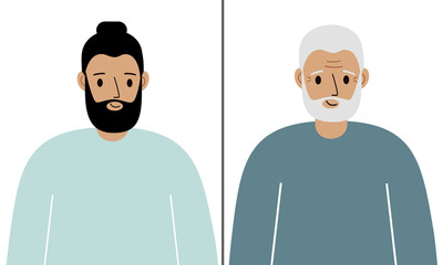Young and Old Man Vector Concept Illustration. Normalizing gracefully aging process conceptual poster. Before and after concept