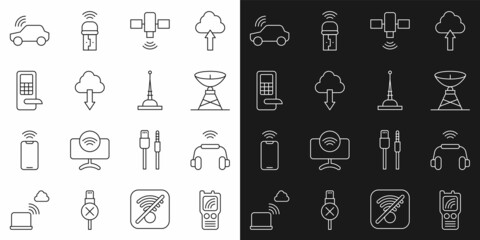 Set line Walkie talkie, Smart headphones system, Satellite dish, Cloud download, Digital door lock, car and Antenna icon. Vector