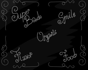 Handwritten text superbad organic food flavor smile white outline on black background