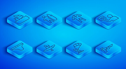 Set line Windsurfing, Surfboard, Wetsuit for scuba diving, Kayak and paddle, Kitesurfing, Assessment of judges, Swimming trunks and Fishing harpoon icon. Vector