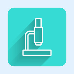 White line Microscope icon isolated with long shadow. Chemistry, pharmaceutical instrument, microbiology magnifying tool. Green square button. Vector