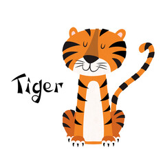 Cute tiger. Vector illustration, flat style. Animal character for child and kids prints, greeting cards, nursery wall art.