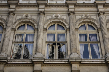 Fototapeta na wymiar Architectural fragments of City Hall of Paris (Hotel de Ville de Paris) neo-renaissance style building - seat of the Paris City Council since 1357. Paris, France.