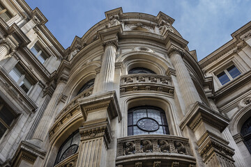 Architectural fragments of City Hall of Paris (Hotel de Ville de Paris) neo-renaissance style building - seat of the Paris City Council since 1357. Paris, France.