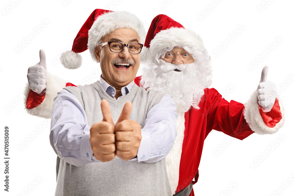 Poster Santa claus and a mature man showing both thumbs up