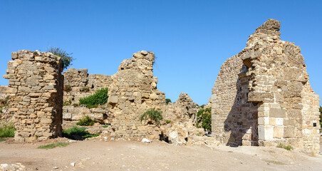 City wall. Fortress wall from the side of the sea. Ruin. Side. Manavgat. Turkey