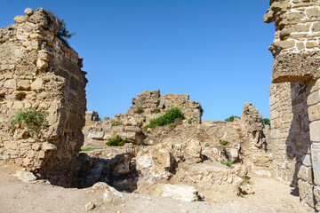 City wall. Fortress wall from the side of the sea. Ruin. Side. Manavgat. Turkey