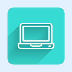 White line Laptop icon isolated with long shadow. Computer notebook with empty screen sign. Green square button. Vector