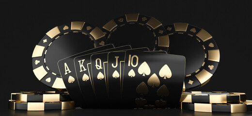 Modern Black And Golden Royal Flush In Spades Poker Playing Cards And Chips On Black Background - 3D Illustration - obrazy, fototapety, plakaty