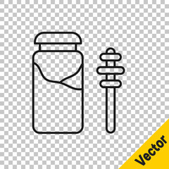 Black line Jar of honey and honey dipper stick icon isolated on transparent background. Food bank. Sweet natural food symbol. Honey ladle. Vector