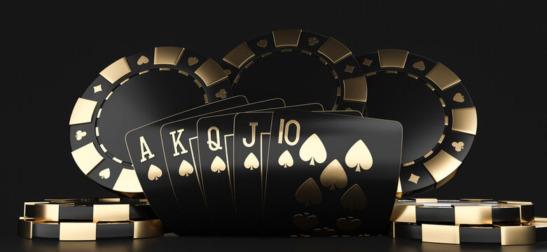Modern Black And Golden Royal Flush In Spades Poker Playing Cards And Chips On Black Background - 3D Illustration