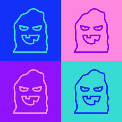 Pop art line Funny and scary ghost mask for Halloween icon isolated on color background. Happy Halloween party. Vector
