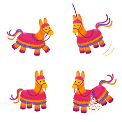 Mexican pinatas, colorful toys with treats for child birthday, party celebration, carnival or fiesta