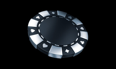 Modern Black And Silver Casino Chip With Card Symbols On Black Background. Empty Space - 3D Illustration