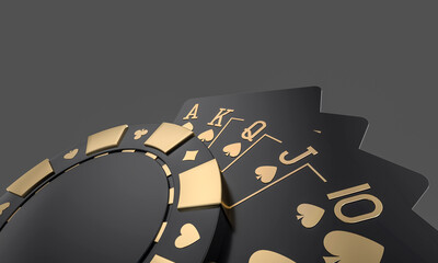 Modern Black And Golden Royal Flush In Spades Poker Playing Cards And Chip On Black Background - 3D Illustration - obrazy, fototapety, plakaty