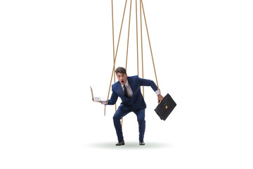 Businessman puppet being manipulated by ropes