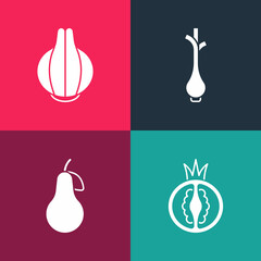 Set pop art Tomato, Pear, Fresh green onions and Onion icon. Vector
