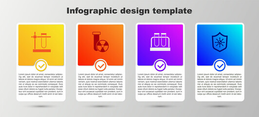 Set Test tube flask on stand, radiation, and Shield protecting from virus. Business infographic template. Vector