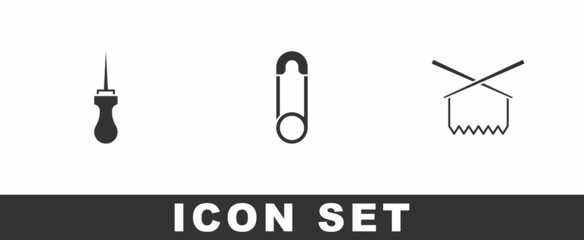 Set Awl tool, Safety pin and Knitting needles icon. Vector