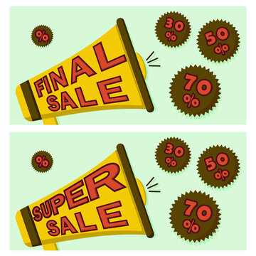 Set of two banners with a sale announcement. Image of a horn announcing upcoming discounts. Banners isolated on white background.