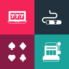 Set pop art Slot machine, Deck of playing cards, Cigar and Online slot with jackpot icon. Vector