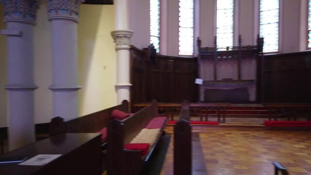 Church Building Pan Left To Right Interior Pews Stained Glass Windows Altar Pulpit