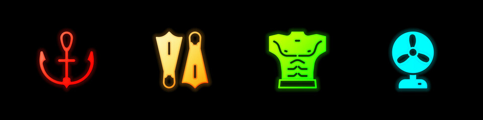 Set Anchor, Rubber flippers for swimming, Bodybuilder muscle and Electric fan icon. Vector