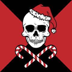 Front view of a human skull with Christmas hat, an evil Santa Claus, with crossed candy canes