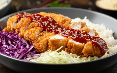 Crispy Katsu chicken with sauce, rice and cabbage.