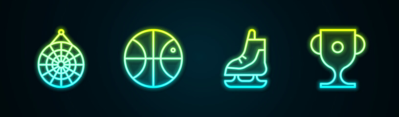 Set line Classic dart board, Basketball ball, Skates and Award cup. Glowing neon icon. Vector