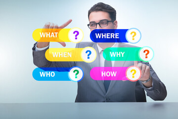 Concept of many different questions asked with businessman