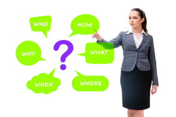 Concept of many different questions asked with businesswoman