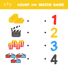 Count and match game. Count the amount of cinema items and match with right numbers. Educational math game for kids. Learning to count