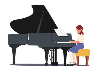 Little Girl Pianist Playing Musical Composition on Grand Piano for Symphonic Orchestra or Opera Performance on Stage