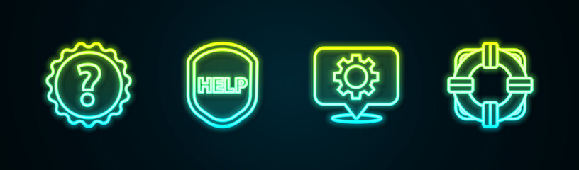 Set line Question mark, Shield with text Help, Location gear and Lifebuoy. Glowing neon icon. Vector